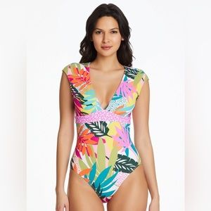 BLEU Rod Beattie Wild At Heart Print Cap Sleeve Plunge Mio Swimsuit Multi New 12